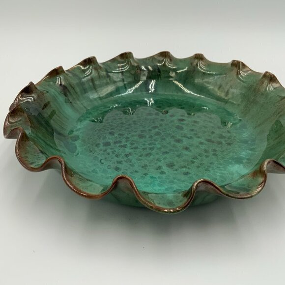 Jacon JB COLE Pottery North Carolina Ruffled Pie Plate Green Malachite Glaze - Picture 4 of 10